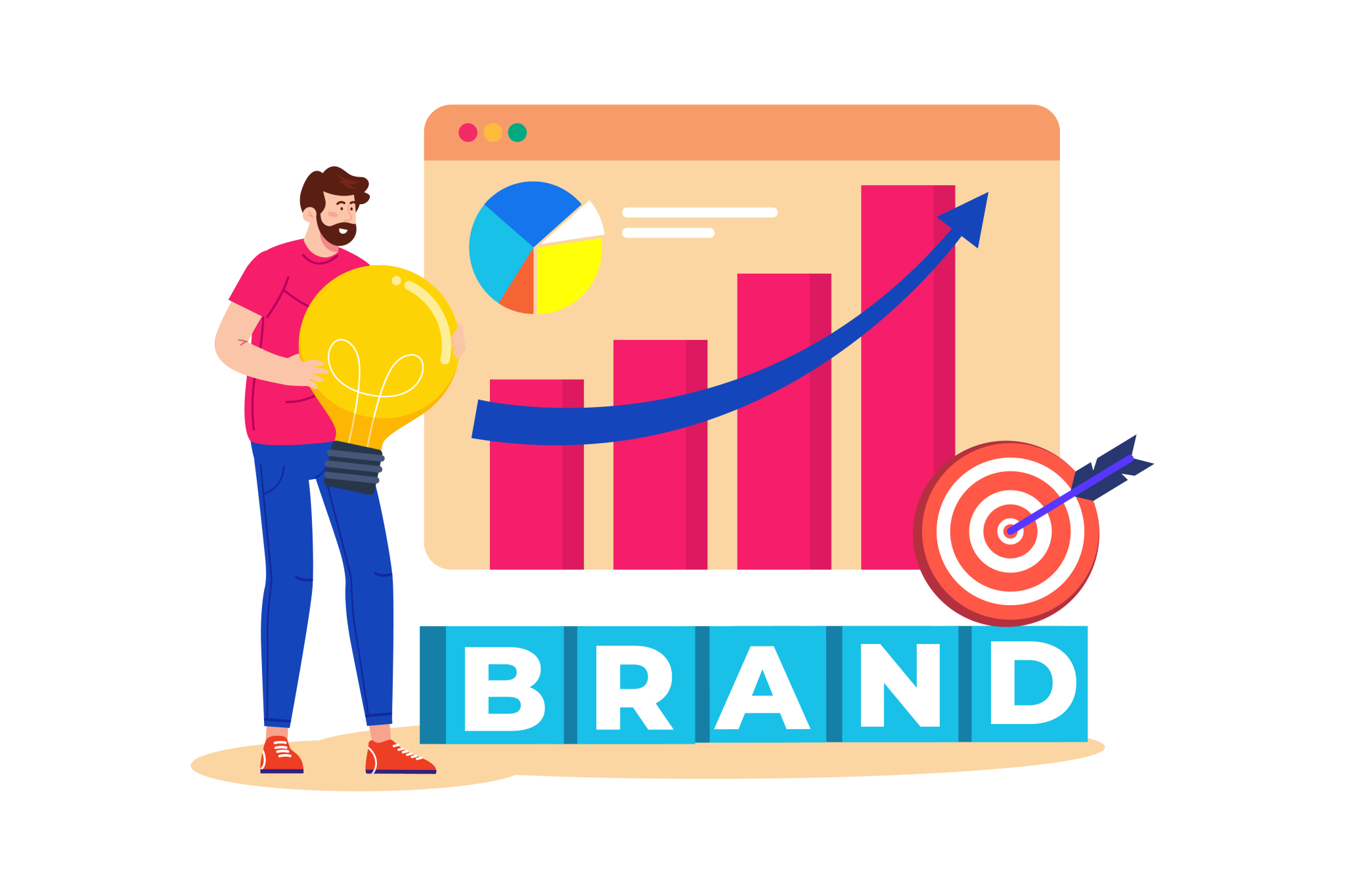 Illustration mit Geschäftsmann, Diagramm und Zielscheibe zur Darstellung von Branding und Markenwachstum