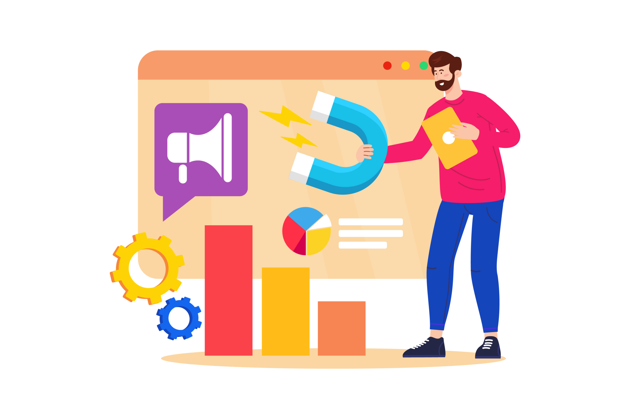 Illustration eines digitalen Dashboards mit Diagrammen, Online-Marketing-Symbolen und einem Mann mit Tablet