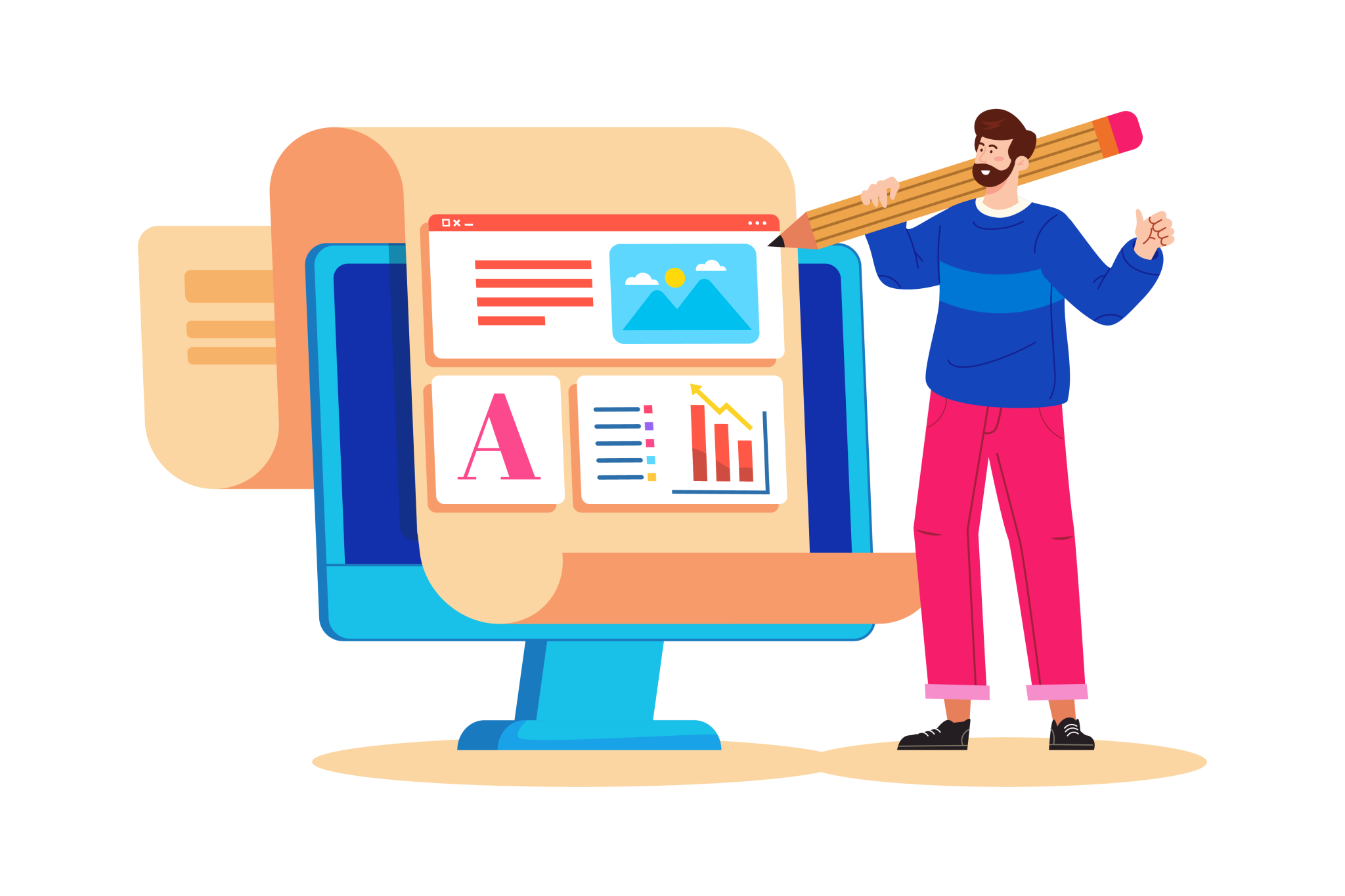 Illustration eines Webdesigners mit großen Website-Elementen wie Text, Bild und Grafiken