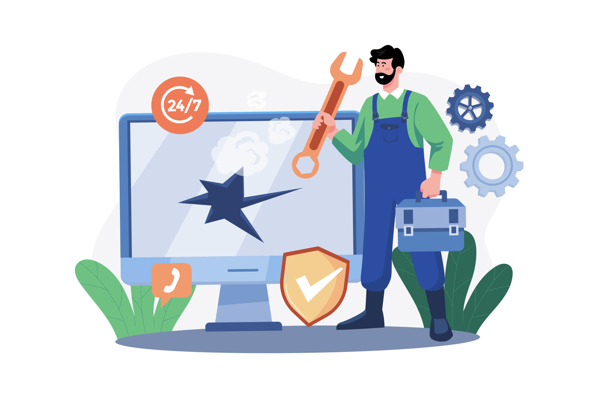 Techniker mit Werkzeug vor einem defekten Monitor als Symbol für Website-Wartung und Hosting-Support